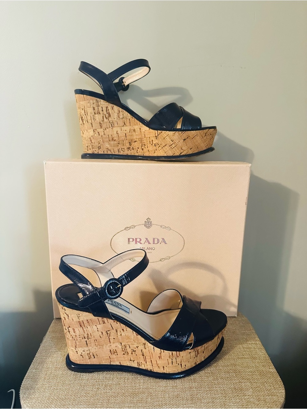 Prada Navy Saffiano Leather Cork Wedge Sandals - 37/7